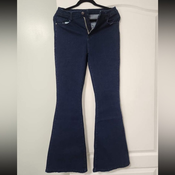 High Waist Flared Dark Wash Blue Denim Jeans Bell Bottom - Picture 10 of 11